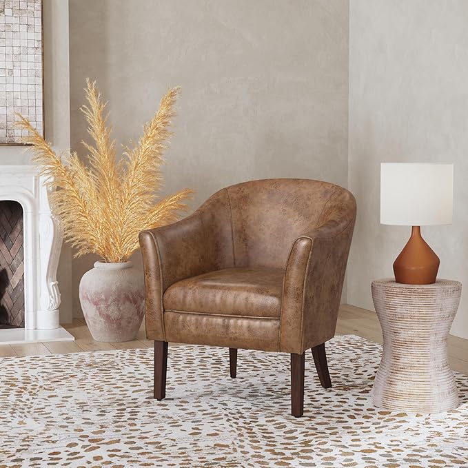 HomePop Modern Barrel Accent Chair Distressed Brown Faux Leather