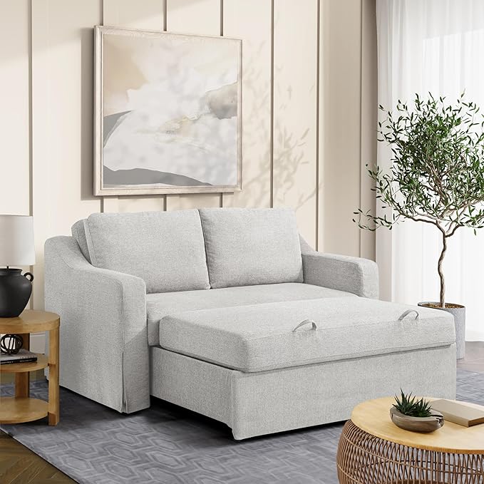 Serta Hawthorne 66.1 Slipcovered Convertible Sleeper Loveseat Full Size Dreamcoil Comfort FingerGuard Pinch Point Protection Polyester Tweed Fabric Linen