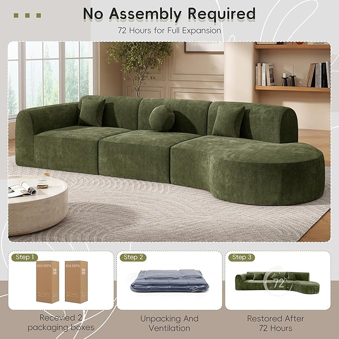 Merax 140 Curved Polyester Sectional Sofa Set 7 Seat Modern Cloud Couch with Chaise Lounge3 Pillows Fully Assembled for Living Room Green