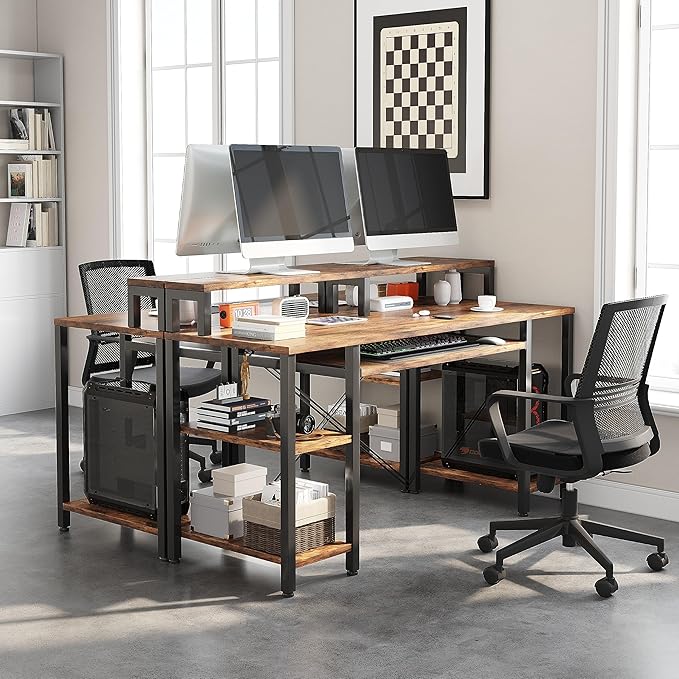 VERMESS 48Inch Computer Desk Home Office Desks with Keyboard Tray Gaming Desk with CPU Stand ShelfIndustrial Study Table Wide Writing Desk with Storage Shelves for 2 Monitors Rustic Brown