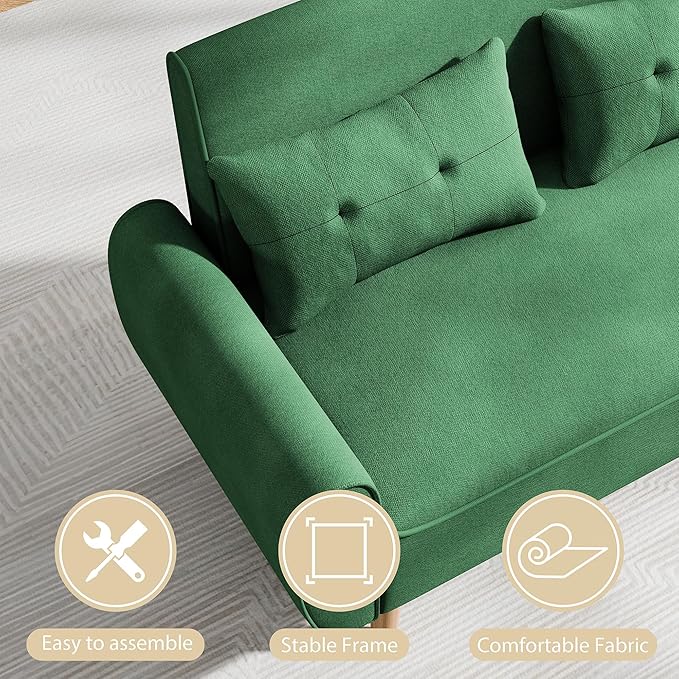 JAMFLY 47'' Small Loveseat Sofa 2 Seat Compact Couch with Tapered Legs Green Upholstered Furniture Solid Wood Frame Comfy Foam Cushion Easy Assembly for Small Spaces