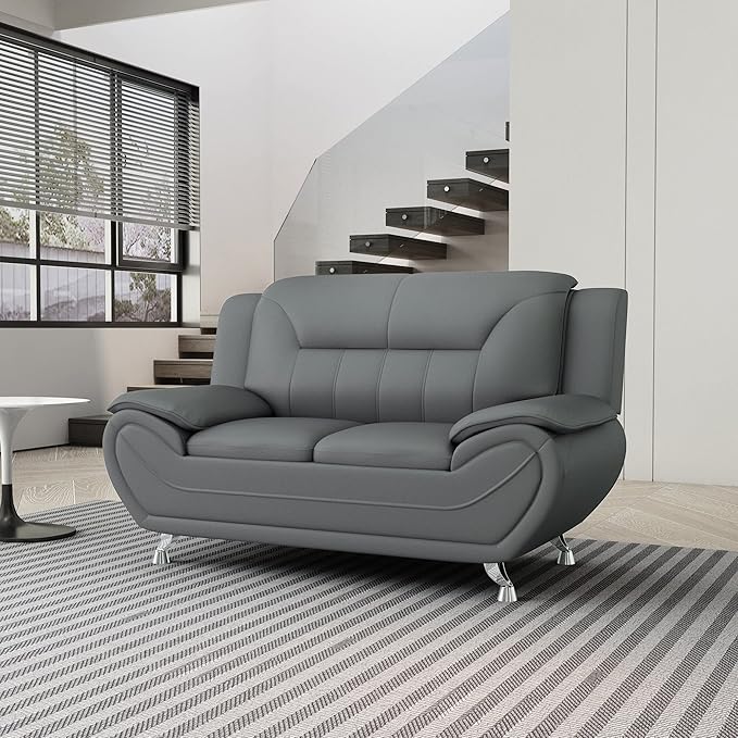 Michael Modern Faux Leather Upholstered Stainless Steel Legs Living Room Loveseat Gray