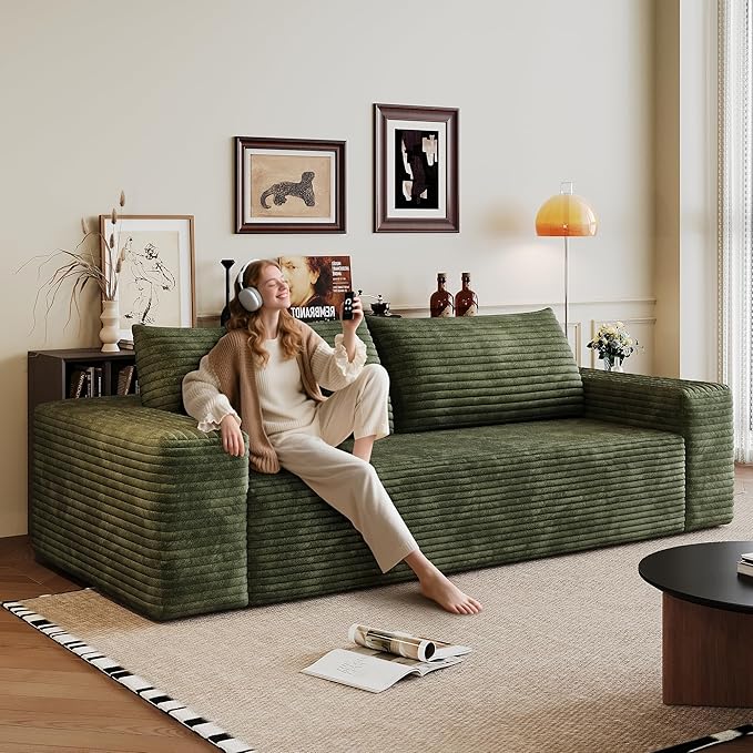63 Cloud Loveseat Sofa - Boneless Deep Seat 2-Seater No Assembly Foam Floor Couch Plush Corduroy Fabric Modern Living Room Sofa for Small Space Apartment Bedroom Office (Green) | Boneless Sofa