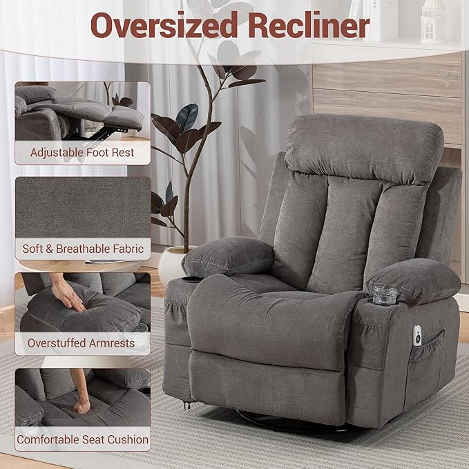 Recliner Chair for Adults 360° Swivel Rocker Glider Recliner w/Vibration Massage and Lumbar Heating Cup Holder and USB Charge Port for Living Room Bedroom Grey