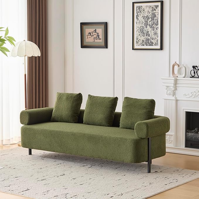 Christopher Knight Home Gilly 78 Modern Boucle Upholstered Sofa with Pillow Oversized Comfy Cloud Couch with Wooden Frame 3-Seater Sofa Couch for Living Room Bedroom Home Office Olive Green
