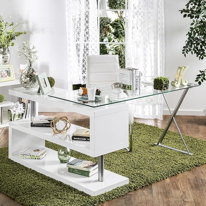 Furniture of America Lilliana Modern Swivel Glass Top S-Shaped Writing Desk for Home Office Studying Room White