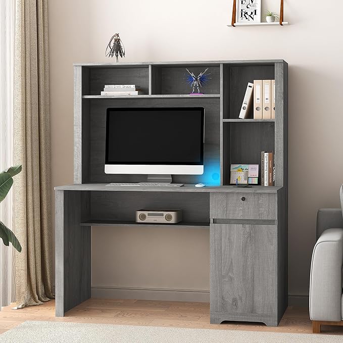 Computer Desk with Hutch BookshelfWood Executive Desk Teens Student Desk Writing Laptop Home Office Desk with Drawers3 AC Outlets and 2 USB Charging PortsStudy Laptop Table for Home