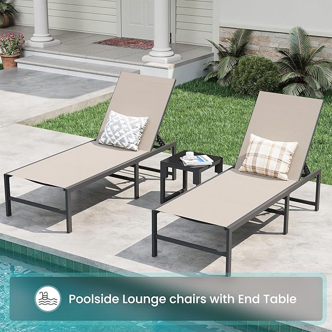 Amopatio Outdoor Patio Lounge Chair Adjustable Heavy-Duty Chaise Lounge for Poolside Weather Resistant Pool Lounge Furniture Set with Table for Backyard Beach 400 LBS Capacity(Khaki)