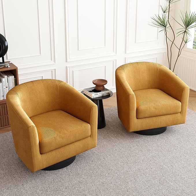 Lumibee Swivel Accent Barrel Chairs Set of 2 Upholstered Comfy Swivel Round Barrel Chair 360° Rotation Single Sofa Club Armchair for Living Room Reading Room Bedroom Corduroy Orange