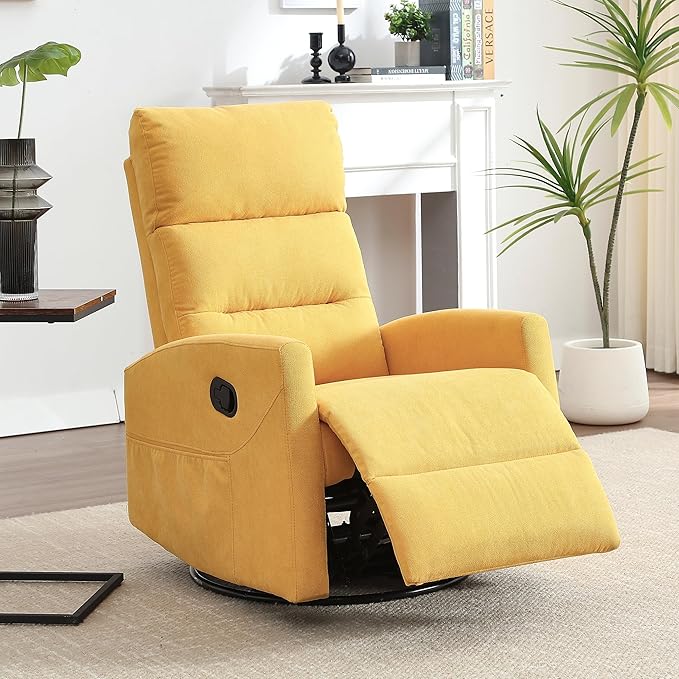 360° Swivel Rocker Recliner Chair for Small Spaces Manual Recliner with Side Pockets for Petite Adults Small Rocker Recliner for Living Room Bedroom - Yellow