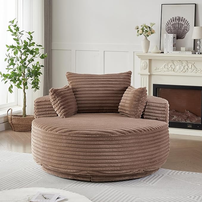 KEIKI 55 Oversized 360 Degree Swivel Chair Large Barrel Chairs Upholstered Round Swivel Chair Corduroy Single Sofa Armchair Sleeper Chair for Living Room Lounge Brown