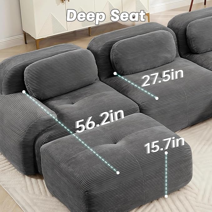 SoarFlash 81” Sectional Cloud Boneless Sofa Couches for Living Room-2 Seater L-Shaped Modern Lounge Couch-No Assembly Modular Corduroy Convertible Sponge Sleeper Sofas with Chaise for Home HouseGrey