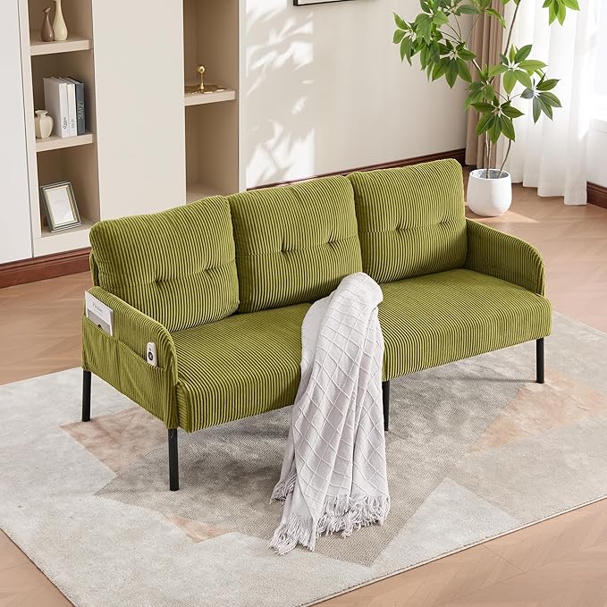KEIKI 67 Corduroy Loveseat Sofa with Double Side Pockets &amp High Resilience Cushion Modern Style Upholstery Oversized 2-Seater Couch with Metal Legs Easy Assembly for Living Room Green