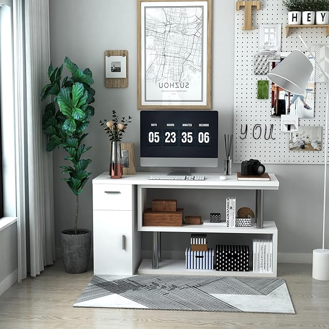 Rotating Computer Desk 55 L Shaped Desk Corner Desk with Storage Shelves Cabinet and Drawer for Home Office White