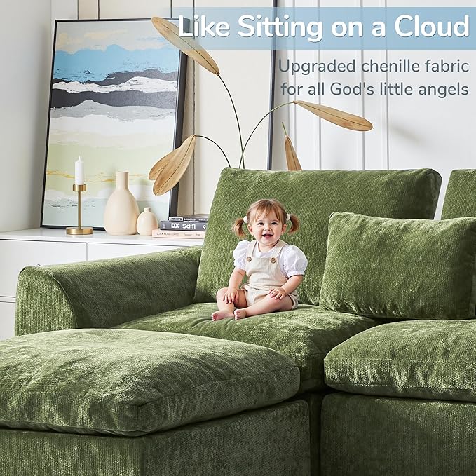 Modern Sectional Cloud Couch - 120'' Soft Modular Sectional Sofa – No Assembly Required - Deep Seat Couches with 2 Movable Ottomans - Oversized Chenille Sofa for Living Room - Green