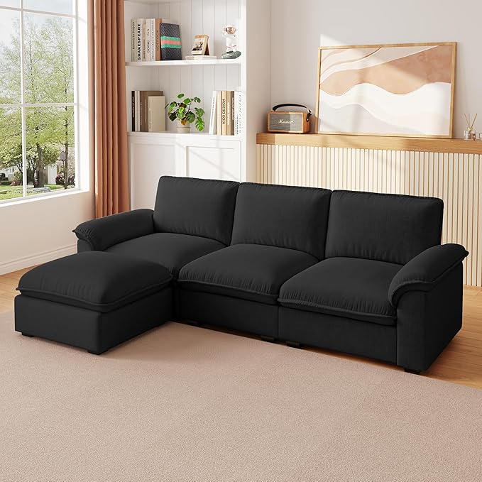 KEIKI 102 3Seat Modular Sectional Velvet Sofa Couch with Chaise Memory Foam for Urban Loft Small Space Style Conscious Urban Professionals Warm Inviting Comfy Supportive Premium Design Black