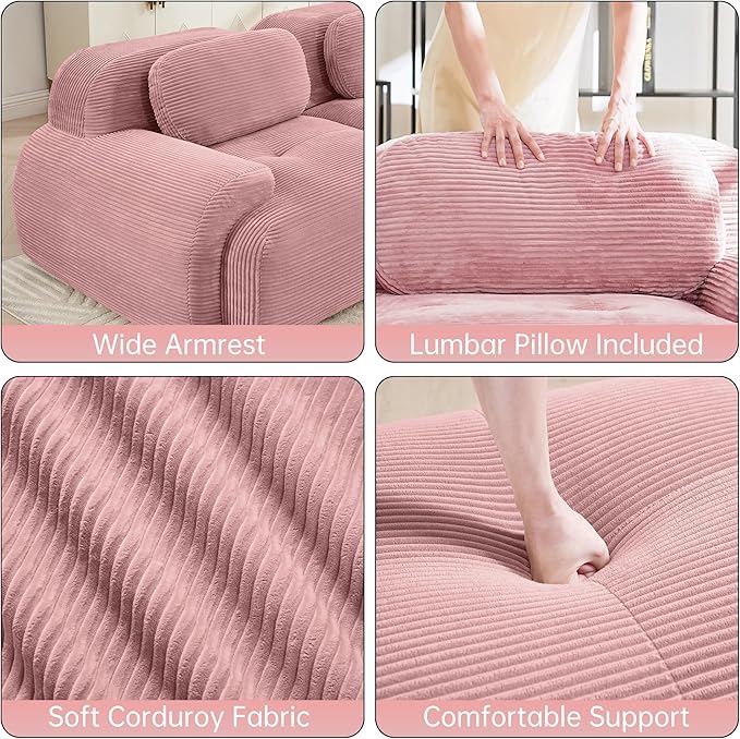 Cloud Sectional Couch Boneless L Shaped Couch 152.7'' Modular Sectional Sofa with Ottoman Modular Cloud Sofa 4 Seater Corduroy Deep Seat Couches for Living Room No Assembly Couches Pink