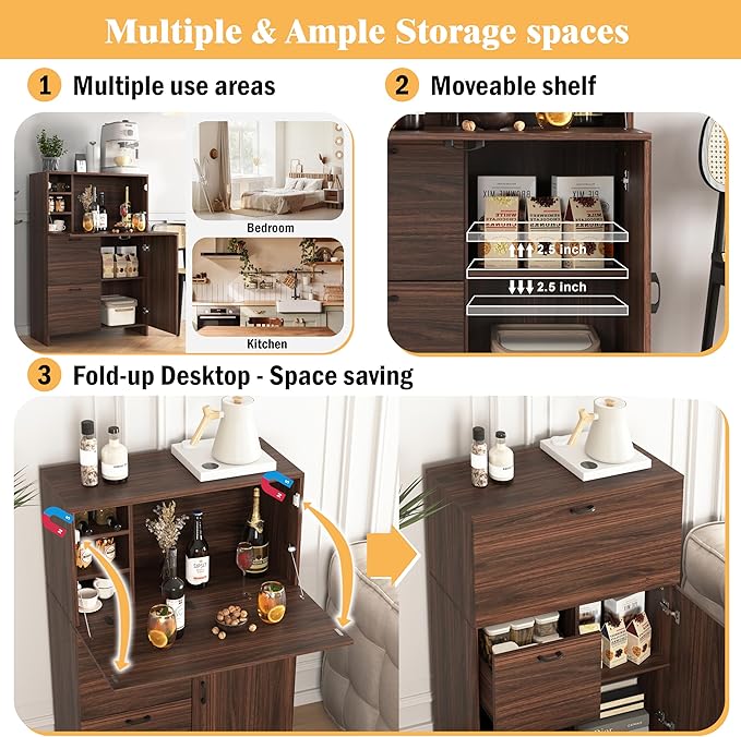 Folding Desk Cabinet with Storage Drawer &amp Shelves - Multi-Functional Space-Saving Organizer for Home Office Kitchen Dormitory - Ideal as Computer Desk Writing Station or Vanity Table