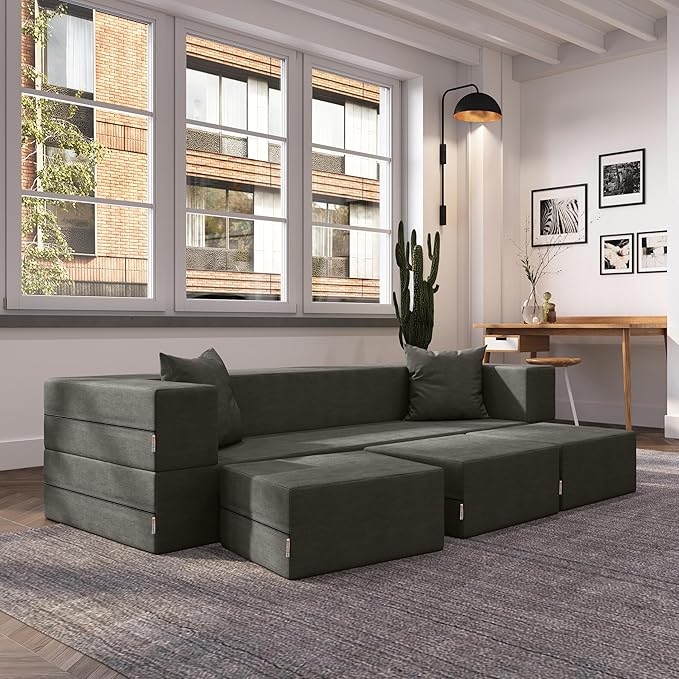 Jaxx Zipline Convertible Sleeper Sofa &amp Three Ottomans/California King-Size Bed Textured Microvelvet - Charcoal