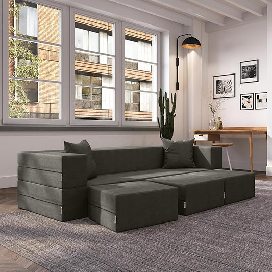 Jaxx Zipline Convertible Sleeper Sofa &amp Three Ottomans/California King-Size Bed Textured Microvelvet - Charcoal
