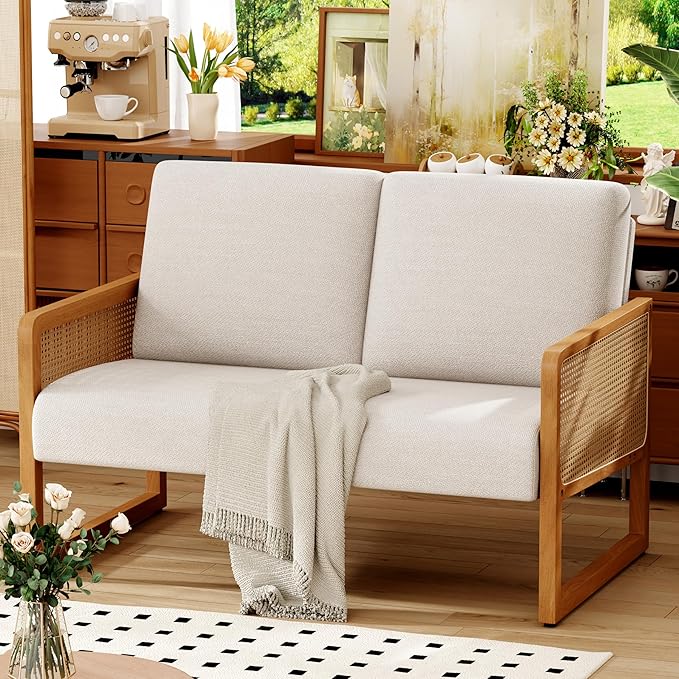 Alunaune Modern Loveseat Bench Couch with Natural Rattan Arm Upholstered Linen Small Love Seat Sofa 2-Seats Living Room Couch Settee Comfy Lounge Recliner Chair-Ivory