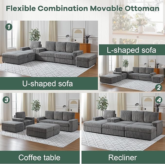 127 Modular L Shaped Sofa Couch Modern Comfy Corduroy Couch Convertible Sectional Sofa Set with 3 Ottomans Chaise Armrest Storage Cup Holder Home Sofa Living Room Free Combination (Grey)