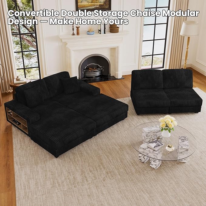 137” Oversized Corduroy Sectional Sleeper Sofa with Double Storage Chaise U Shaped 4 Seat Sectional CouchBlack