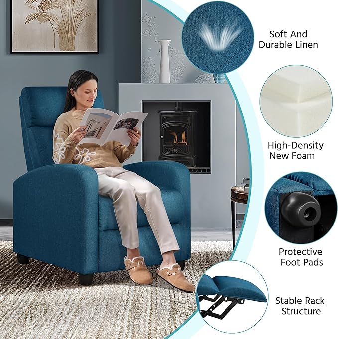 Yaheetech Fabric Recliner Sofa Modern Single Recliner Sofa Home Theater Seating with Thick Seat Cushion Backrest and Pocket Spring Blue