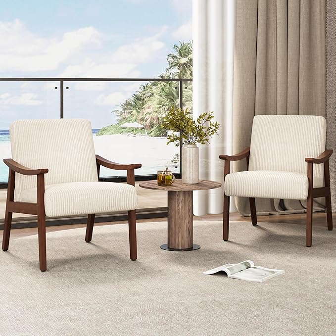 Yaheetech Corduroy Accent Chair Mid-Century Modern Armchair with Solid Wood Legs Reading Leisure Chair with High Back for Living Room Bedroom Waiting Room Set of 2 Beige