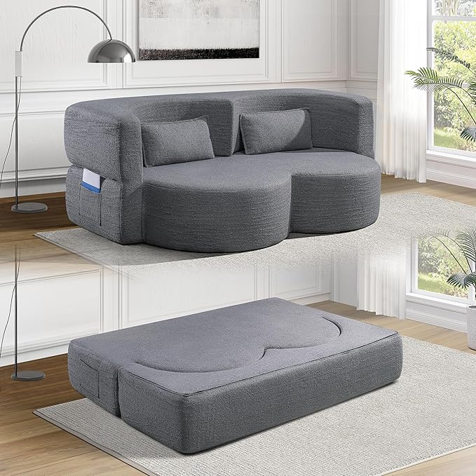 Convertible Folding Sofa Bed79”Full Size Floor Sleeper Boneless CouchTeddy Velvet Full Foam Futon Loveseat for Living Room BedroomNo Assembly Required (Grey)