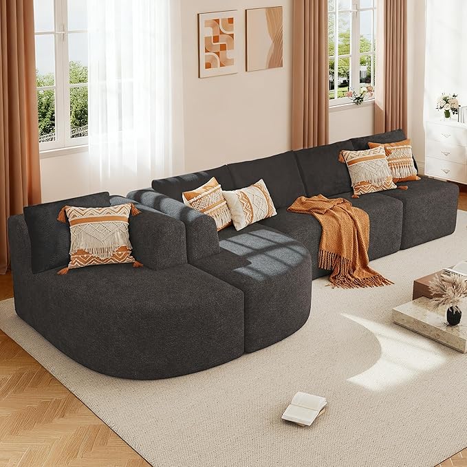 144 Modular Sectional Sofa No Assembly Required U-Shaped Cloud Couch with Chaise Modern Curved Boneless Sofa in Luxurious Boucle Fabric Deep Seats Memory Foam (Dark Grey) | Zero-Assembly Design