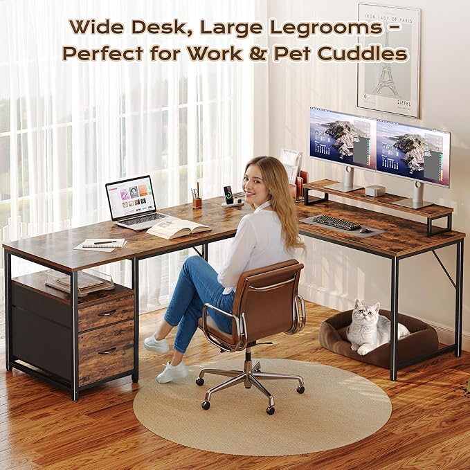 PRAISUN 63 Inch L Shaped Desk with Power Outlets and USB-C Port Computer Corner Home Office Desk with File Fabric Drawers and Movable Monitor Stand Larger Storage Gaming Writing Rustic Brown