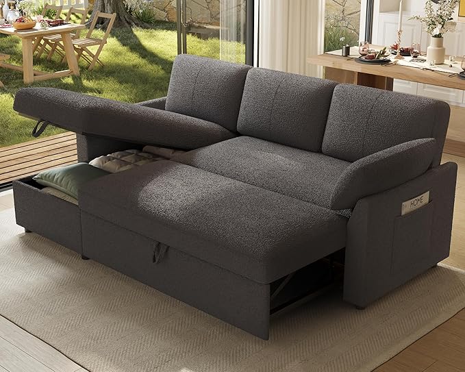Jocisland Sofa Bed L Shaped Sleeper Sofa with Storage Chaise Pull Out Sofa for Living Room Guest Room Apartment Grey Boucle Couch