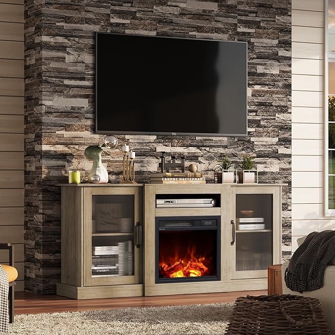 WLIVE Fireplace TV Stand for 65 TV Entertainment Center with 18 Inch Electric Fireplace TV Console with Open Shelves for Living Room and Bedroom Greige