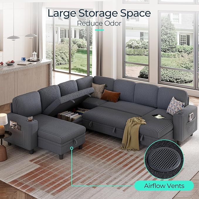 LINSY HOME Sectional Sleeper Sofa Pull Out Couches for Living Room (Grey Sleeper Sofa 5) | Pull Out Sofa Bed Storage USB Charging Cup Holders Plush Corduroy