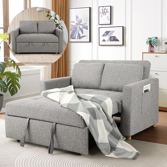 SEJOV Convertible Sofa Bed 3-in-1 Sleeper Sofa Pull Out Couch Bed 2-Seater Linen Fabric Loveseat Futon Sofa with Spring Support Adjustable Backrest for Small Spaces Living Room Grey