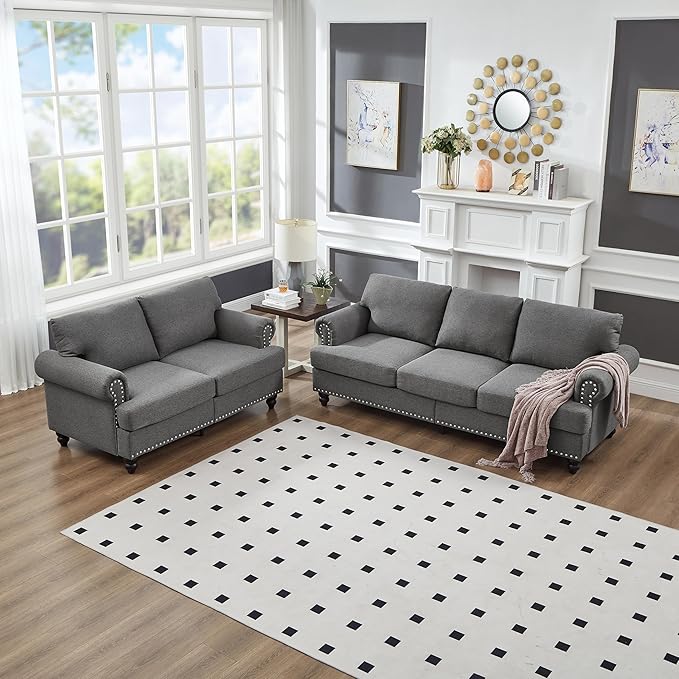 2 Pieses Living Room Sofa Sets Linen Fabric Couch and Loveseat with Nailhead Decor Soild Wood Legs Rolled Armrests &amp Storage 2PCS Sofas 3 Seaters Couch and Love Seat for Living Room Furniture S