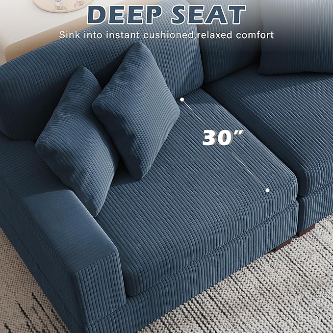 82.6 W Oversized Double Chaise Lounge Sofa Couch Comfy Corduroy Sleeper Sofa Bed with Deep Seat Modern Upholstered Cloud Couch with Pillows for Living Room Navy