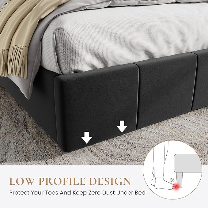 SHA CERLIN Full Size Bed Frame Velvet Upholstered Platform Bed Vertical Channel Tufted Adjustable Headboard Low Profile Bed Frame No Box Spring Needed Easy Assembly Black