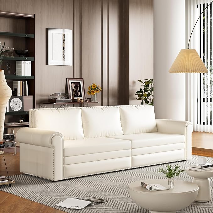 93.7 Chesterfield 3 Seater Pull Out Sofa Bed King Size with Pillows PU Leather 3-in-1 Convertible Sleeper Couch with Nails Trim Space Saving for Living Room Cream White