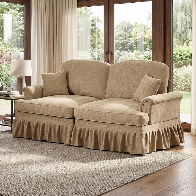 76 Chenille Loveseat Couch for Living Room Traditional Sofa with Detachable Ruffled Skirt Flared Arms Spindle Legs Comfy Mid Century Small Couches for Bedroom Small Spaces Apartment(Coffee)