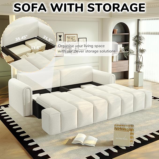 90 Comfy 4-Seater Modern Teddy Sofa with Seats Storage King Size 3-in-1 Convertible Sleeper Sofa Bed for Living Room (White)