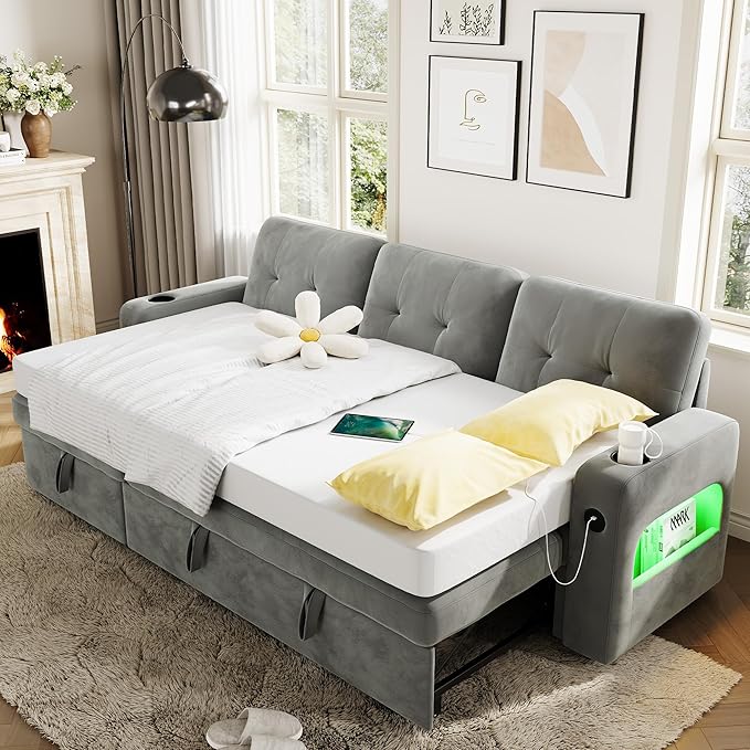 IDEALHOUSE 84 Sleeper Sofa with Storage &amp Charging Station Convertible Sectional Couch Bed with LED Lights Reversible Chaise Pull Out Sofa Bed for Living Room Apartment Velvet Light Grey