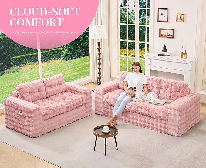 Hobestluk Sofa Couch Loveseat Sofa with Bubble Fabric 2-Seater Sofa for Small Spaces Comfortable Foam Floor Sofa 2 in 1 Boneless Couch for Living Room Bedroom Apartment or Office (Pink Loveseat)