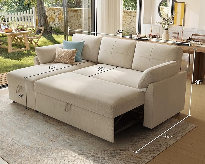 PaPaJet Sofa Bed Sleeper Sofa with Storage Chaise L Shaped Sofa with Pull Out Bed Oversized Sofas for Living Room Beige