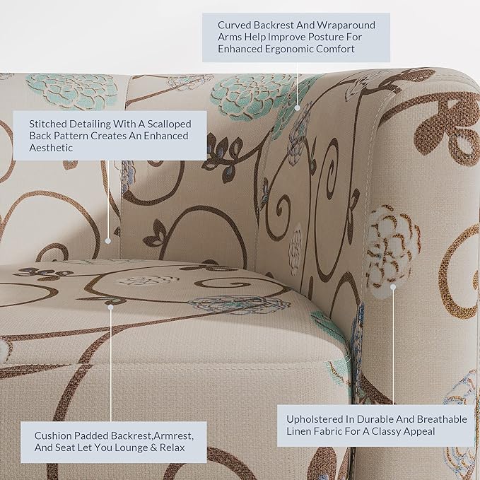 BELLEZE Living Room Chair Linen Round Accent Barrel Chair Club Tub Sofa Chair for Bedroom Corner Chair with Flared Legs and Cozy Soft Padding - Highland (Floral Print)