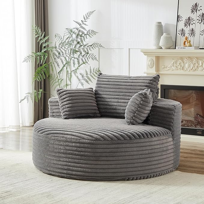 55 Grey Oversized Round Boneless Couch Sofa Corduroy Memory Foam Cloud Couches Lounge Chair Comfy Fluffy Single Sofa with 3 Pillows for Living Room Bedroom No Assembly Required (Grey)