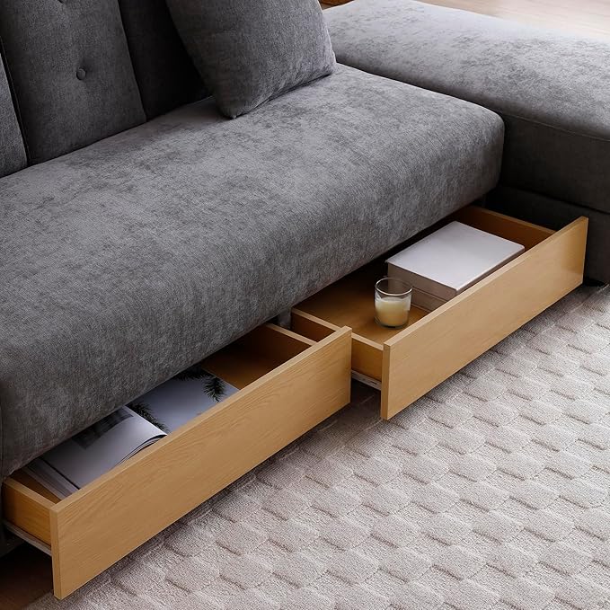 KEIKI Multi-Functional Sofa Sleeper with Storage Ottoman and Two Pull Out Drawer Fold Out Couch Bed with Side Storage Rack and Drop Down Table with 2 Cup Holders