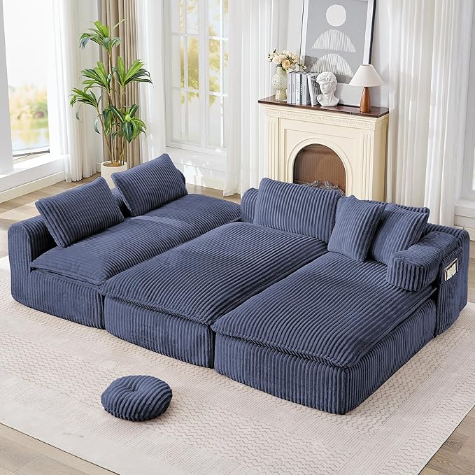 149 Oversized Boneless Couch U Shaped Sectional Couch for Living Room Furniture Cloud Corduroy Sofa Bed with Double Chaise Side Storage and Lumbar Pillow No Assembly