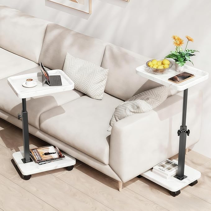 C Table End Table Adjustable Height 360°Swivel TV Tray Table for Small Spaces Side Tables with Wheels for Living Room and Bedroom Bed (White)